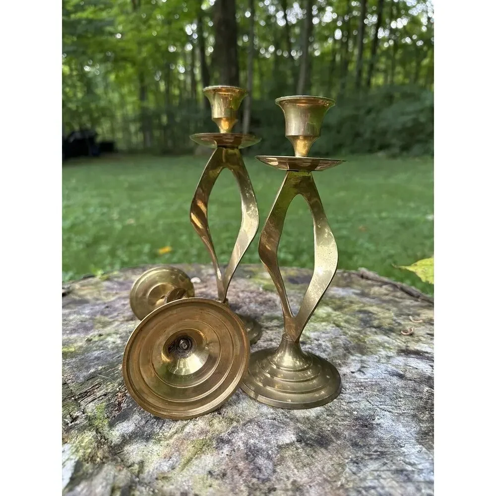 Vintage‎ MCM Set Of 3 Brass Twisted Candlestick Holders - Made in India